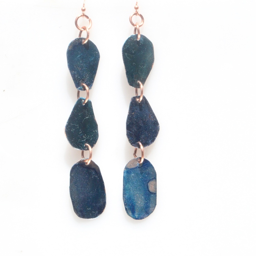 Long Blue Dangle Solid Copper Earrings Handmade - Picture 1 of 7